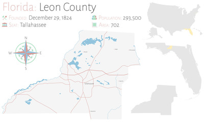 Large and detailed map of Leon county in Florida, USA.