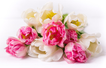 Beautiful tulips on white wooden background