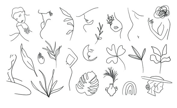 Woman Line Art Clipart.  Female Line Drawing Illustrations. Nude and Botanical Line Artwork.