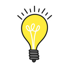 Light bulb hand drawn doodle colorful icon sign vector illustration isolated on white background. Shining idea lightbulb symbol.