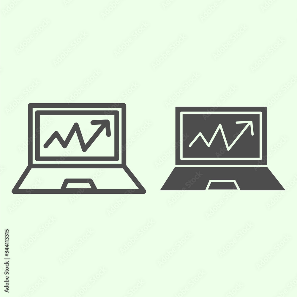 Poster computer graph line and solid icon. analytic or statistics chart on monitor screen outline style pic