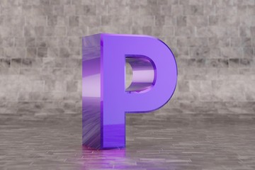 Violet 3d letter P uppercase. Glossy indigo letter on tile background. 3d rendered font character.