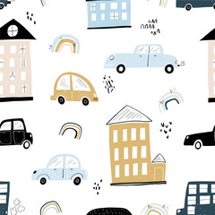 Vector hand-drawn seamless repeating children simple pattern with cars, houses, rainbow in Scandinavian style on a white background. Children's pattern with cars. Transport. Road. City. Architecture. 