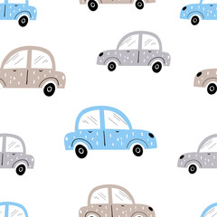 Vector hand-drawn color seamless repeating children simple pattern with cars in Scandinavian style on a white background. Children's pattern with cars. Cars. Transport. Road. 