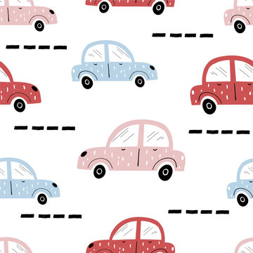 Vector hand-drawn color seamless repeating children simple pattern with cars in Scandinavian style on a white background. Children's pattern with cars. Cars. Transport. Road.
