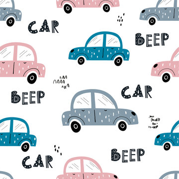 Vector hand-drawn color seamless repeating children simple pattern with cars and lettering in Scandinavian style on a white background. Children's pattern with cars. Cars. Transport. Road.
