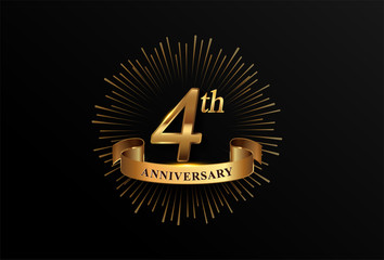 4th anniversary logotype with fireworks and golden ribbon, isolated on elegant background. vector anniversary for celebration, invitation card, and greeting card
