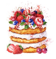 Watercolor layered cake with berries and splashes on white background. Delicious food illustration.