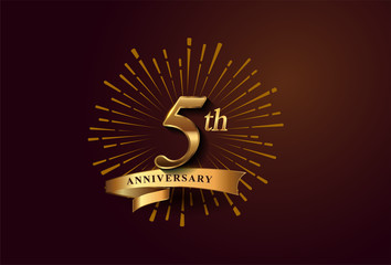 5th anniversary logotype with fireworks and golden ribbon, isolated on elegant background. vector anniversary for celebration, invitation card, and greeting card