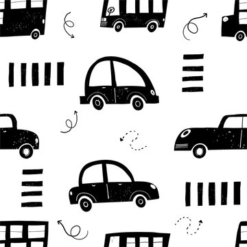 Vector hand-drawn seamless repeating children simple pattern with cars, arrows in Scandinavian style road on a white background. Children's pattern with cars. Cars. Transport. Road
