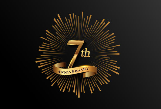 7th anniversary logotype with fireworks and golden ribbon, isolated on elegant background. vector anniversary for celebration, invitation card, and greeting card