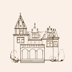 Sketched Castle. Isolated vector illustration. Palace. Hand drawn linear ink sketch. Vintage