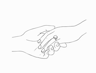 man putting engagement ring on woman hand, outdoor. marriage proposal. Graphic vector illustration. Line art, Sketch. Wedding ring. Hand draw vector