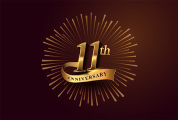 11th anniversary logotype with fireworks and golden ribbon, isolated on elegant background. vector anniversary for celebration, invitation card, and greeting card