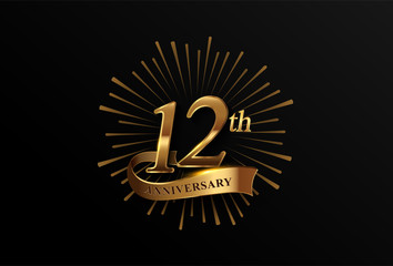 12th anniversary logotype with fireworks and golden ribbon, isolated on elegant background. vector anniversary for celebration, invitation card, and greeting card