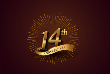 14th anniversary logotype with fireworks and golden ribbon, isolated on elegant background. vector anniversary for celebration, invitation card, and greeting card
