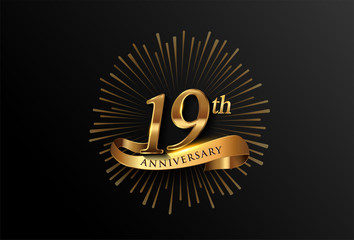 19th anniversary logotype with fireworks and golden ribbon, isolated on elegant background. vector anniversary for celebration, invitation card, and greeting card