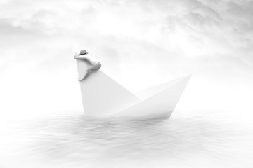 man clinging to a sinking paper boat surreal concept - Powered by Adobe