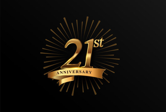 21st anniversary logotype with fireworks and golden ribbon, isolated on elegant background. vector anniversary for celebration, invitation card, and greeting card