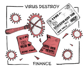 Poster against coronavirus epidemic with text virus destroy finance. Design concept for economic and financial information projects. Ancient hammer breaks credit cards. Sketch style.