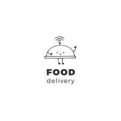 Fototapeta premium Cafe or restaurant delivery service logo template with vector hand drawn dish icon, cute character.