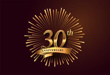 30th anniversary logotype with fireworks and golden ribbon, isolated on elegant background. vector anniversary for celebration, invitation card, and greeting card