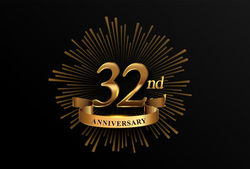 32nd anniversary logotype with fireworks and golden ribbon, isolated on elegant background. vector anniversary for celebration, invitation card, and greeting card
