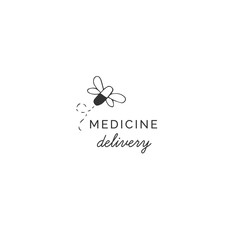 Obraz premium Pharmacy delivery service logo template with hand drawn vector flying medicine pill.