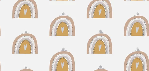 Foto op Plexiglas Scandinavische stijl Hand getekende naadloze patroon vectorillustratie van een schattige regenboog. Platte ontwerp in Scandinavische stijl voor kinderen. Het concept voor kindertextiel, omhulsels, behang, hoezen.
