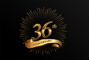 36th anniversary logotype with fireworks and golden ribbon, isolated on elegant background. vector anniversary for celebration, invitation card, and greeting card