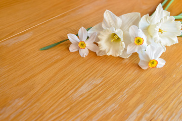 Spring bouquet of fresh white narcissus on wooden table. Bouquet of daffodil flowers on brown background. Copy space. Top view