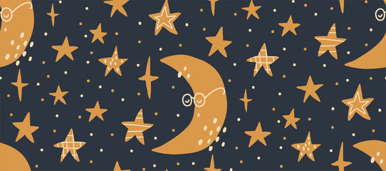 Handgezeichnete Vektor nahtlose Muster Illustration eines nächtlichen Sternenhimmels. Flaches Design im skandinavischen Stil für Kinder. Das Konzept für Kindertextilien, Verpackungen, Tapeten, Bezüge.