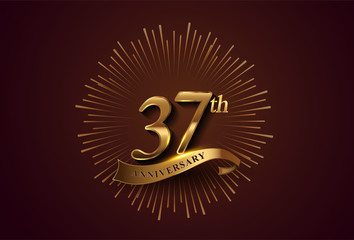 37th anniversary logotype with fireworks and golden ribbon, isolated on elegant background. vector anniversary for celebration, invitation card, and greeting card