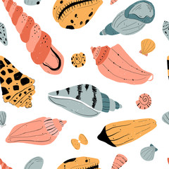 Vector hand-drawn seamless repeating color simple flat pattern with different shells on a white background. Hand draw underwater illustration with sea shells. Summer paradise holiday marine background