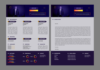 Infographic, Minimalism, Colorful Resume and Cover Letter Set. Template with charts for creative job applicants: art directors, graphic designers, seo, UX, UI designers, managers.