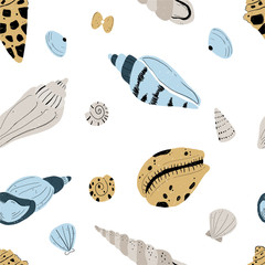 Vector hand-drawn seamless repeating color simple flat pattern with different shells on a white background. Hand draw underwater illustration with sea shells. Summer paradise holiday marine background