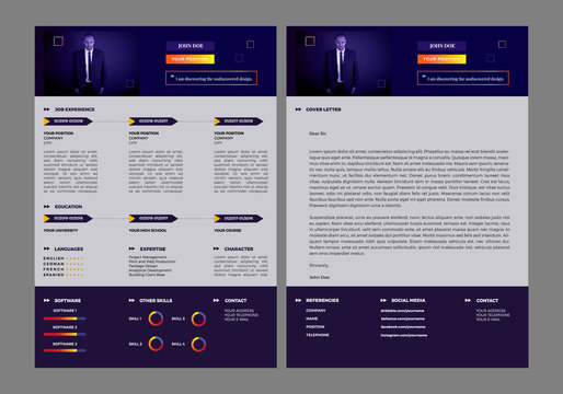 Infographic, Minimalism, Colorful Resume and Cover Letter Set. Template with charts for creative job applicants: art directors, graphic designers, seo, UX, UI designers, managers. 