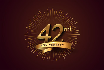 42nd anniversary logotype with fireworks and golden ribbon, isolated on elegant background. vector anniversary for celebration, invitation card, and greeting card