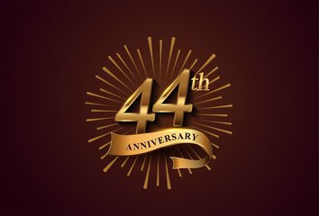 44th anniversary logotype with fireworks and golden ribbon, isolated on elegant background. vector anniversary for celebration, invitation card, and greeting card