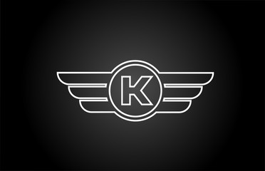 K alphabet letter logo icon for business and company with black and white line wing design