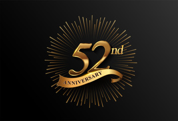 52nd anniversary logotype with fireworks and golden ribbon, isolated on elegant background. vector anniversary for celebration, invitation card, and greeting card