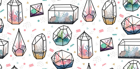 Geometric terrariums with plants, succulent, cactus. Scandinavian style home decor. Glass crystal florariums isolated on white background seamless pattern.