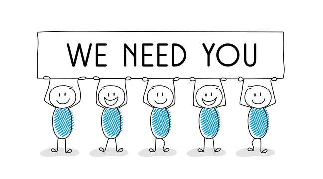 Cartoon people holding banner with “we need you” text.  New vacancy concept. Vector