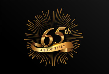 65th anniversary logotype with fireworks and golden ribbon, isolated on elegant background. vector anniversary for celebration, invitation card, and greeting card