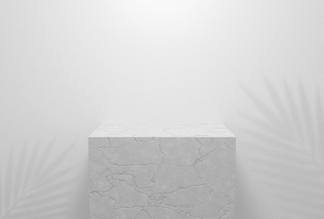 3d rendering of podium stand and palm leaves. Empty pedestal isolated on white background for mockup, ads and display product. Abstract grungy concrete stone table with cracked. Interior stage design.