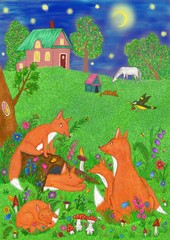 
The family of foxes. Beautiful animals in the meadow. Bright digital illustration. Cute illustration for the decor and design of posters, postcards, prints, stickers, invitations, textiles.