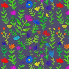 Fototapeta na wymiar Seamless pattern. Flowers and plants on a gray background. Illustration for the decor and design of posters, postcards, prints, stickers, invitations, textiles and stationery.