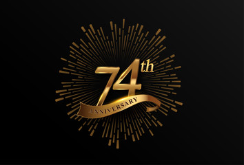 74th anniversary logotype with fireworks and golden ribbon, isolated on elegant background. vector anniversary for celebration, invitation card, and greeting card