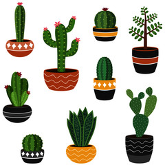 Succulents and cactus plants in decorative ceramic pots. Boho style vector illustration. Cute set of cacti and house plants. - 344121112
