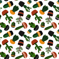Seamless vector pattern with succulents and cactuses. Trendy design with cute blooming cacti in pots. Perfect for fabric, wallpaper, prints or giftwrap printing. - 344121120